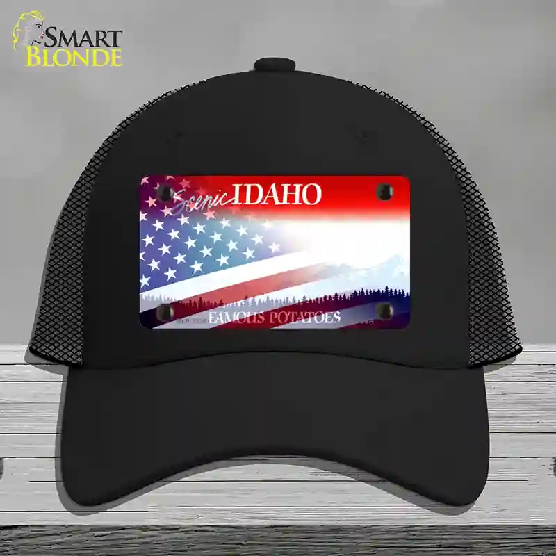 HAT01-MLP-12341 Idaho with American Flag Novelty License Plate Hat, Mesh - Black