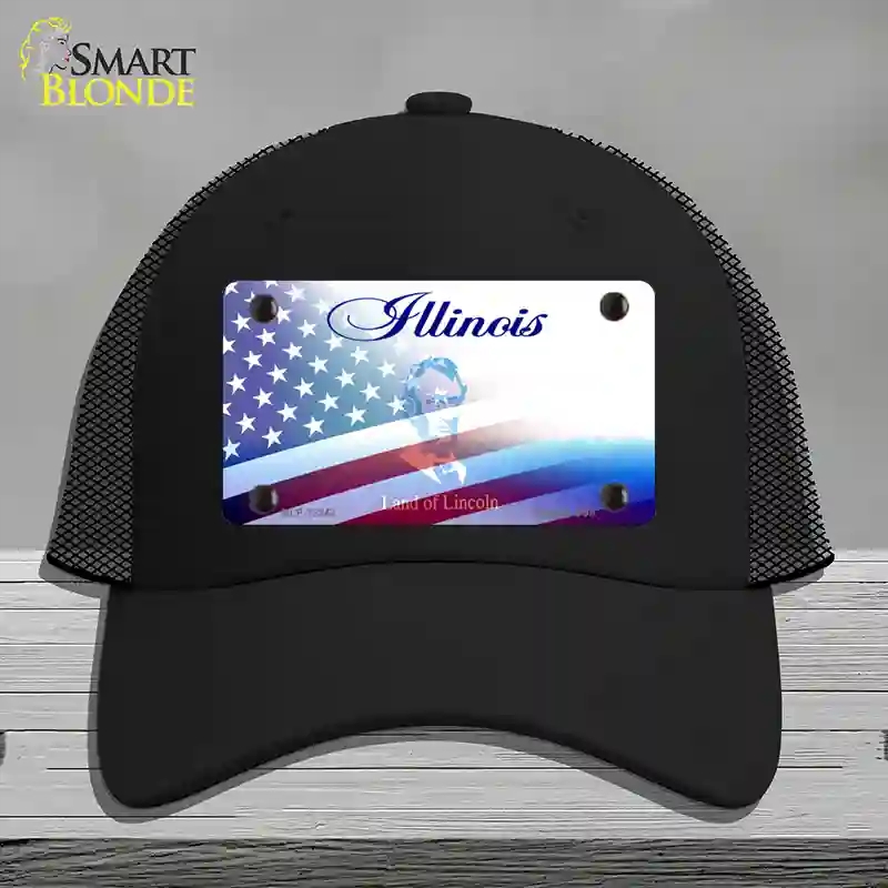 HAT01-MLP-12342 Illinois with American Flag Novelty License Plate Hat, Mesh - Black