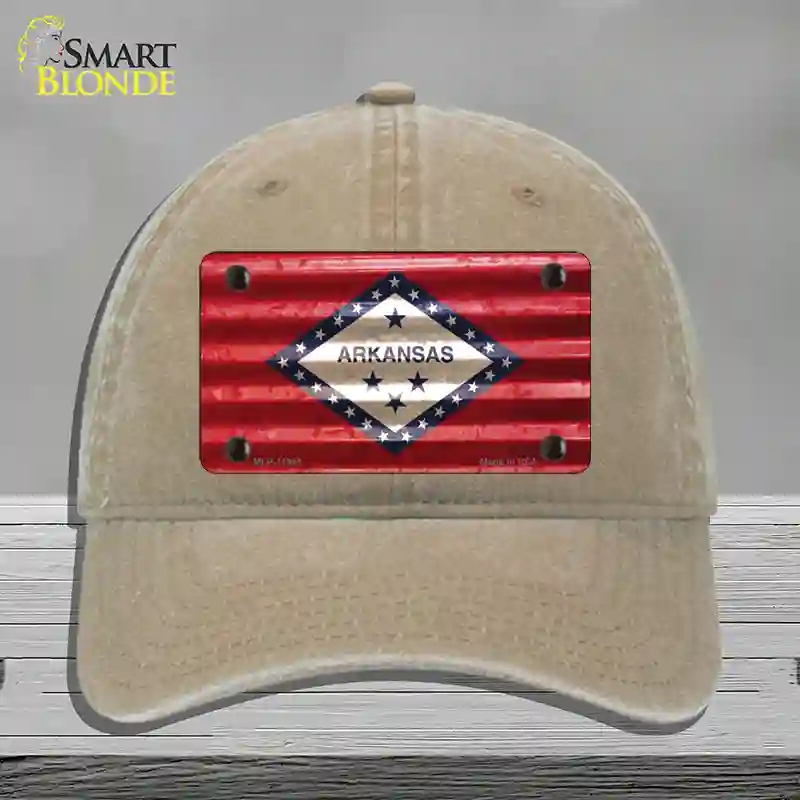 HAT09-MLP-11945 Arkansas Corrugated Flag Novelty License Plate Hat, Unconstructed Cotton - Khaki