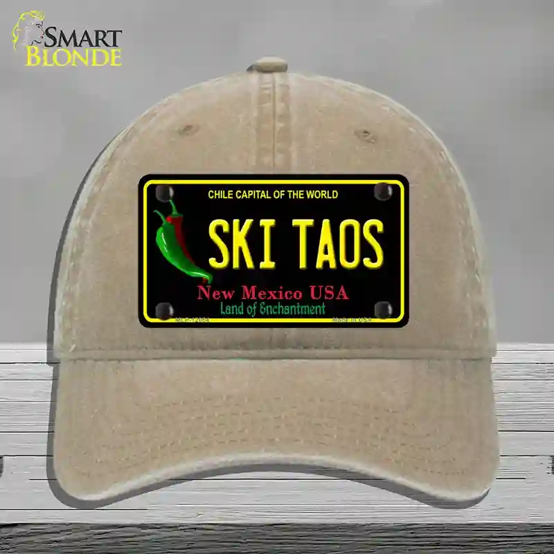 HAT09-MLP-12054 Ski Taos Black   Mexico Novelty License Plate Hat, Unconstructed Cotton - Khaki