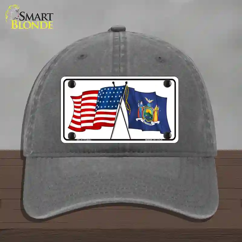 HAT08-MLP-11492   York Crossed US Flag Novelty License Plate Hat, Unconstructed Cotton - Charcoal
