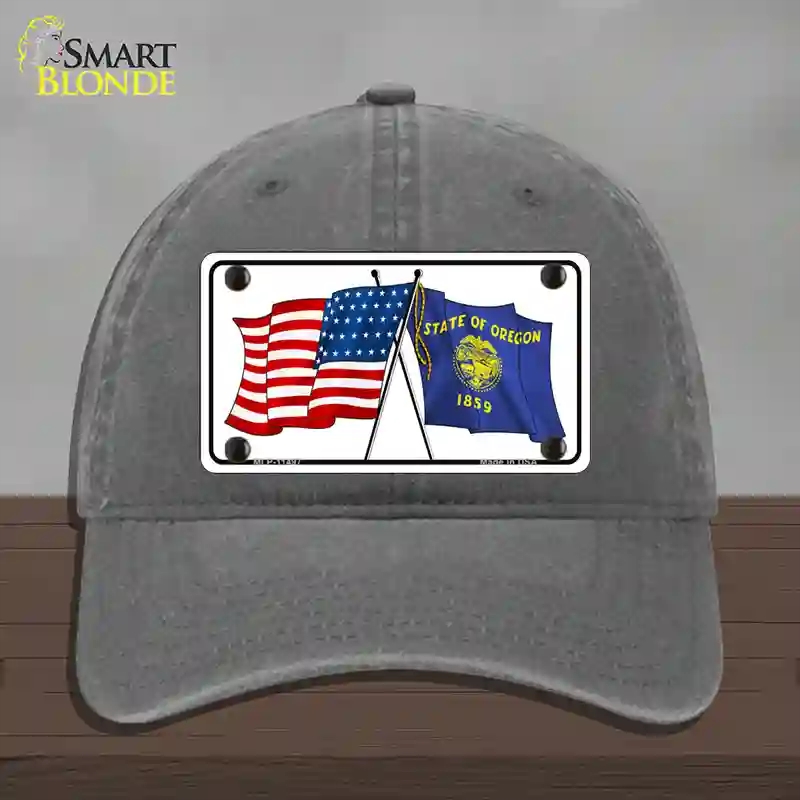 HAT08-MLP-11497 Oregon Crossed US Flag Novelty License Plate Hat, Unconstructed Cotton - Charcoal