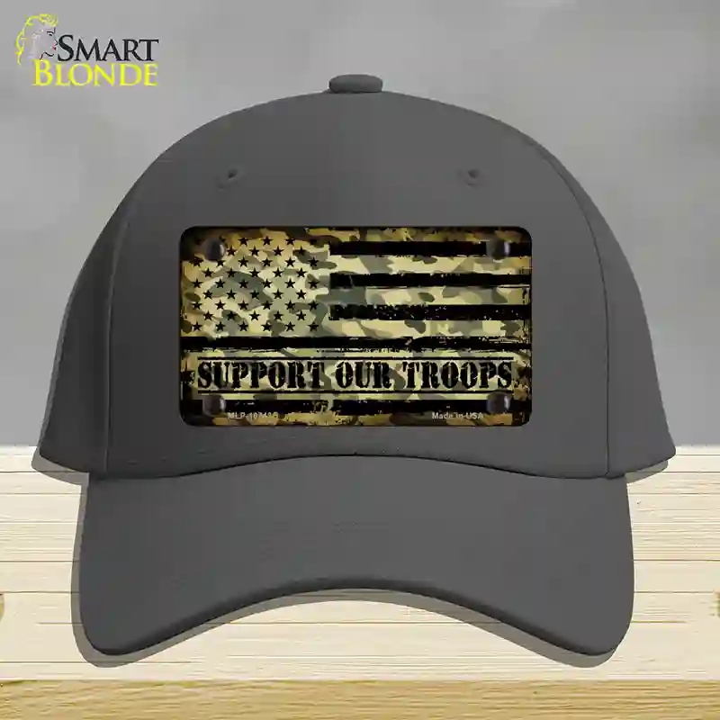 HAT04-MLP-10743 Camo American Flag Support Troops Novelty License Plate Hat, Cotton - Charcoal