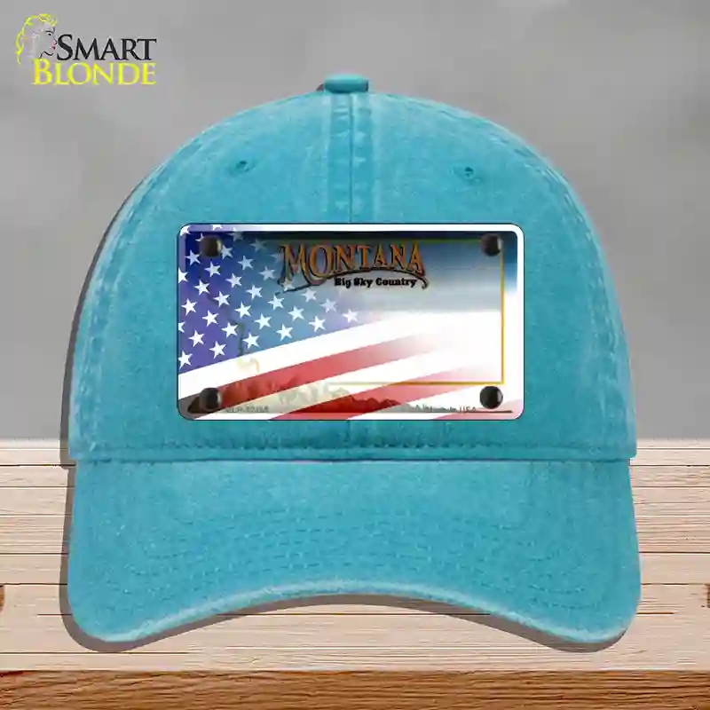 HAT10-MLP-12355 Montana with American Flag Novelty License Plate Hat, Unconstructed Cotton - Lake Blue