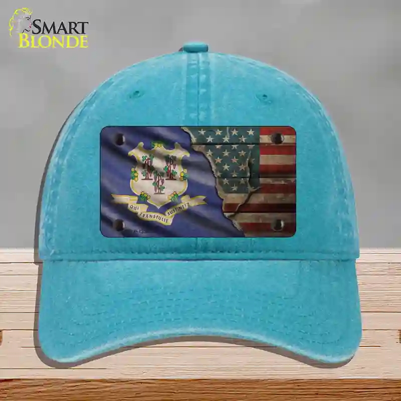 HAT10-MLP-12386 Connecticut & American Flag Novelty License Plate Hat, Unconstructed Cotton - Lake Blue