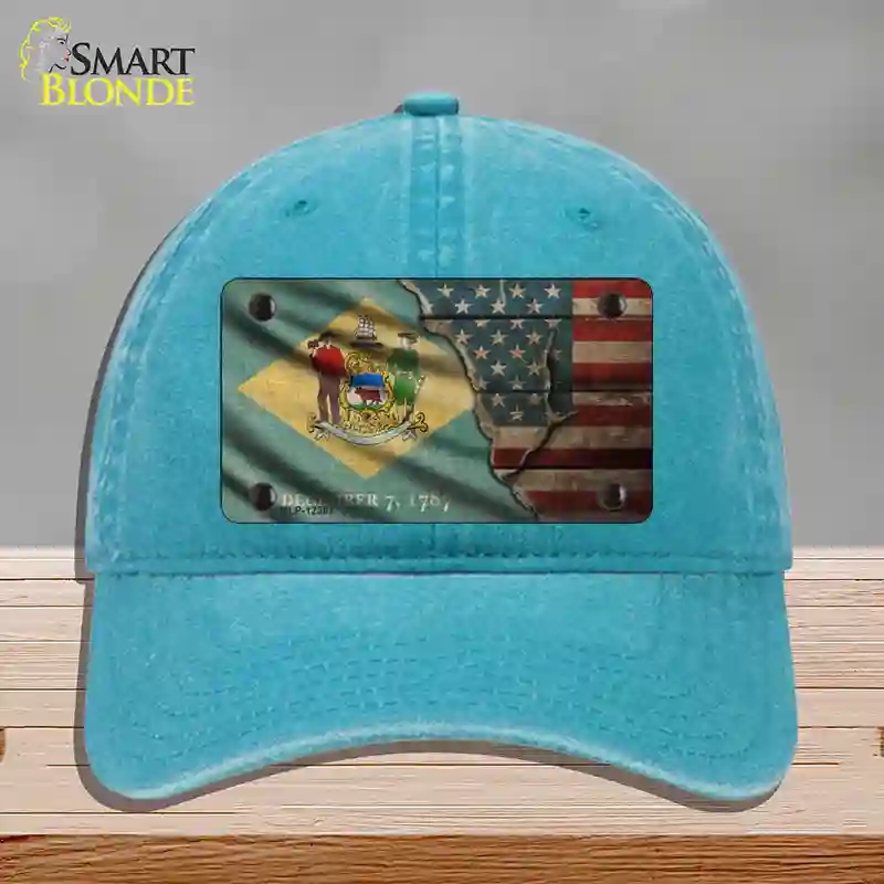 HAT10-MLP-12387 Delaware & American Flag Novelty License Plate Hat, Unconstructed Cotton - Lake Blue