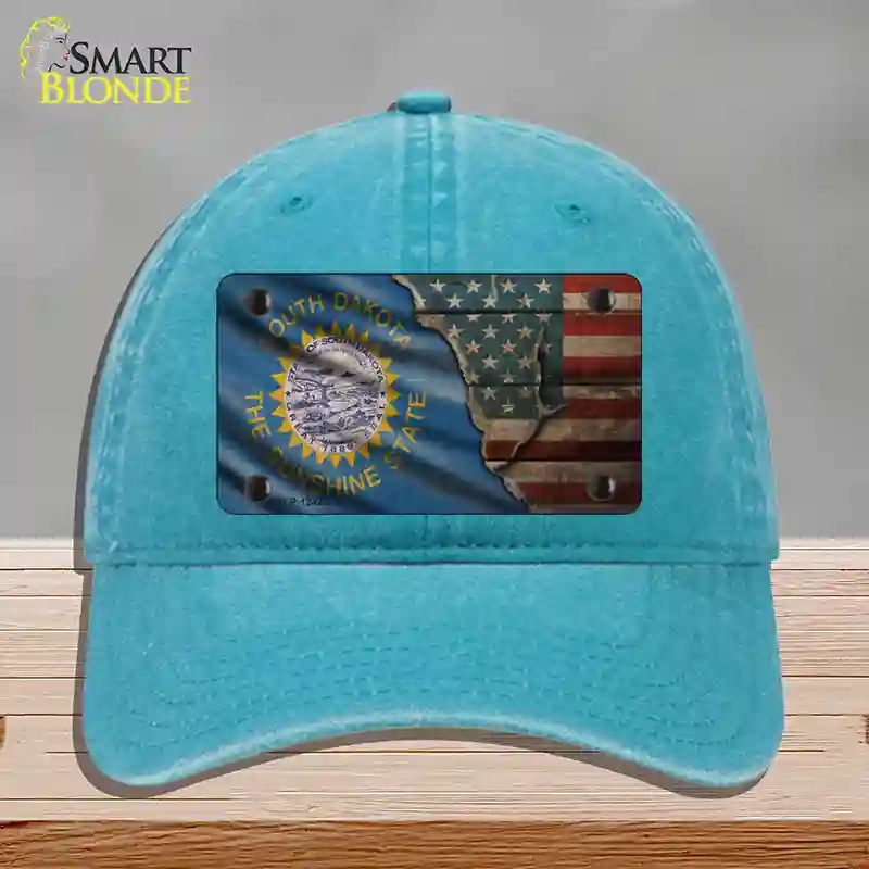 HAT10-MLP-12420 South Dakota & American Flag Novelty License Plate Hat, Unconstructed Cotton - Lake Blue