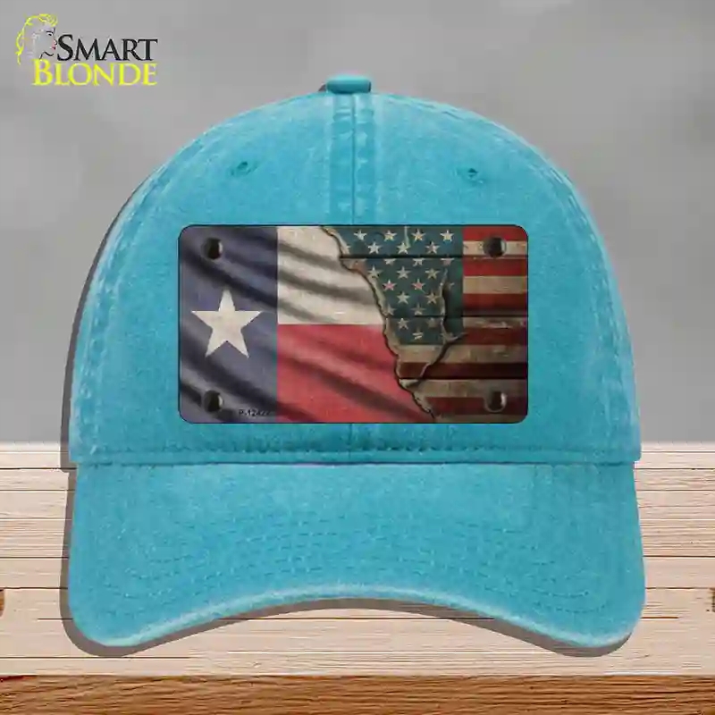 HAT10-MLP-12422 Texas & American Flag Novelty License Plate Hat, Unconstructed Cotton - Lake Blue