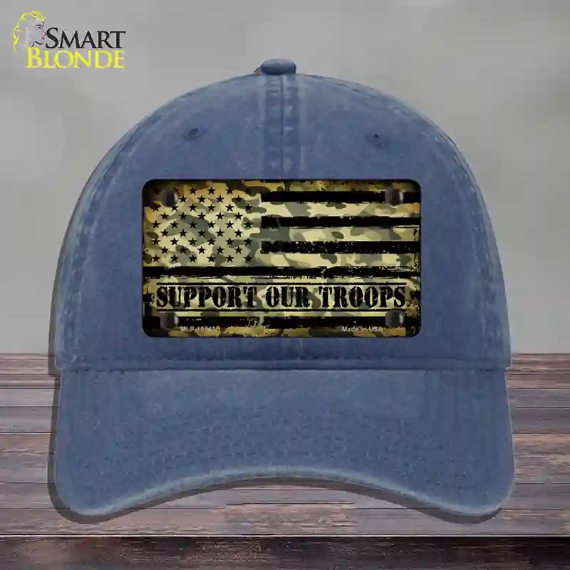 HAT11-MLP-10743 Camo American Flag Support Troops Novelty License Plate Hat, Unconstructed Cotton - Navy