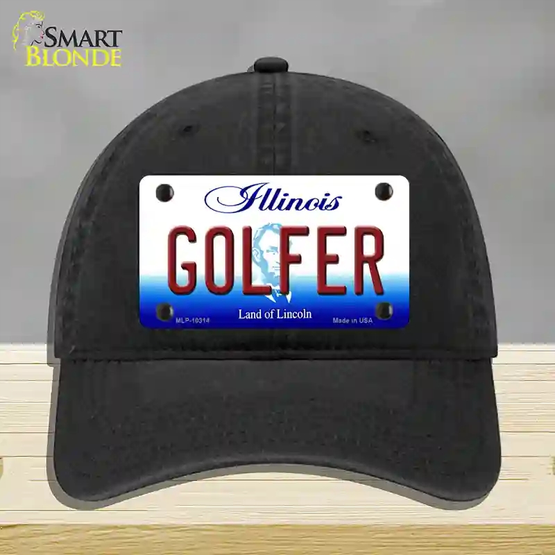 HAT07-MLP-10314 Golfer Illinois Novelty License Plate Hat, Unconstructed Cotton - Black