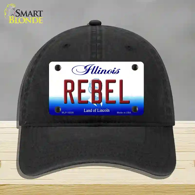 HAT07-MLP-10320 Rebel Illinois Novelty License Plate Hat, Unconstructed Cotton - Black