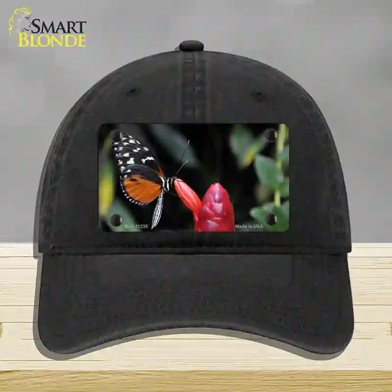 HAT07-MLP-11235 Butterfly on Red Flower Novelty License Plate Hat, Unconstructed Cotton - Black