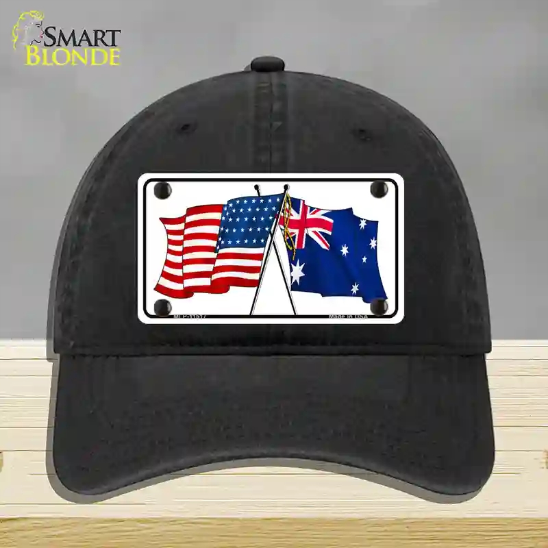 HAT07-MLP-11517 Australia Crossed US Flag Novelty License Plate Hat, Unconstructed Cotton - Black