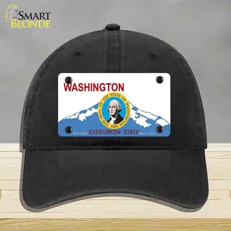 HAT07-MLP-11683 Washington Seal & State Novelty License Plate Hat, Unconstructed Cotton - Black