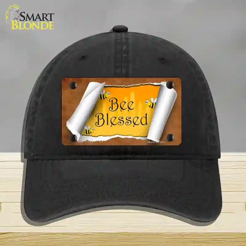 HAT07-MLP-11724 Bee Blessed Scroll Novelty License Plate Hat, Unconstructed Cotton - Black