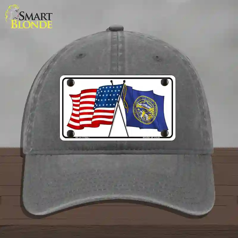 HAT08-MLP-11487 Nebraska Crossed US Flag Novelty License Plate Hat, Unconstructed Cotton - Charcoal