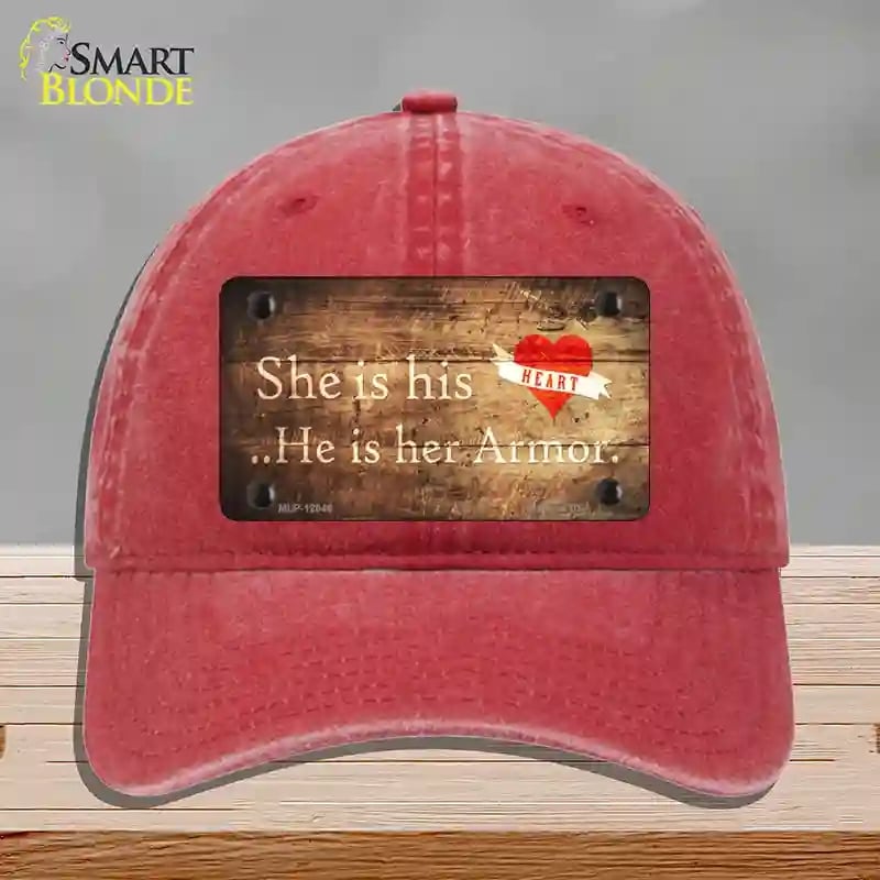 HAT13-MLP-12046 His Heart Her Armor Novelty License Plate Hat, Unconstructed Cotton - Red