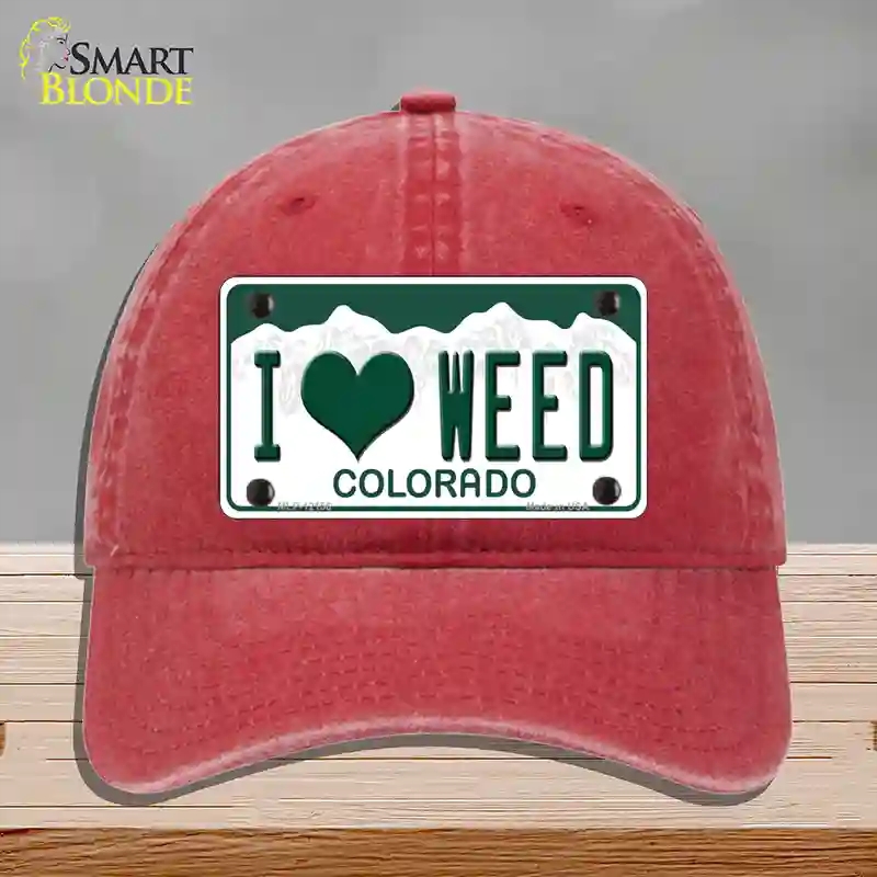 HAT13-MLP-12156 I Love Weed Colorado Novelty License Plate Hat, Unconstructed Cotton - Red