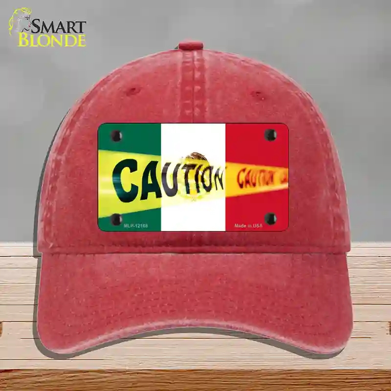 HAT13-MLP-12188 Caution Mexico Flag Novelty License Plate Hat, Unconstructed Cotton - Red