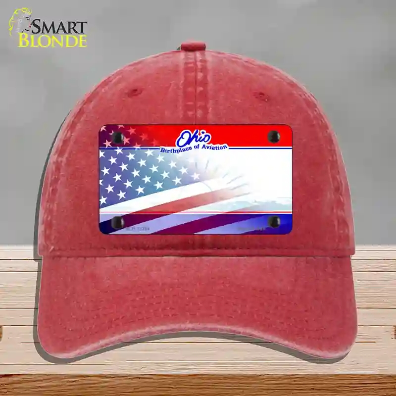 HAT13-MLP-12364 Ohio with American Flag Novelty License Plate Hat, Unconstructed Cotton - Red