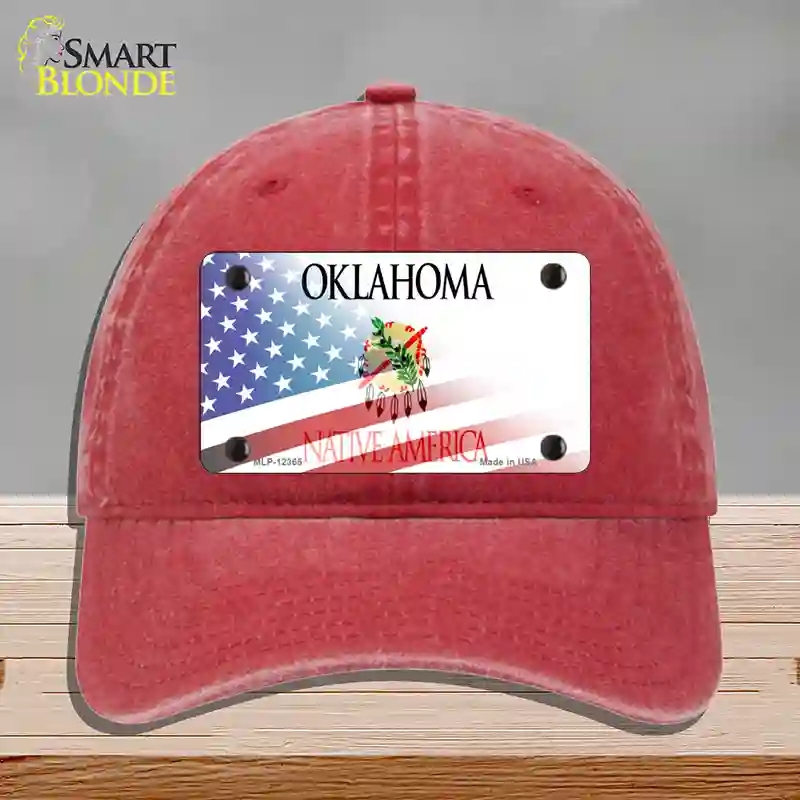HAT13-MLP-12365 Oklahoma with American Flag Novelty License Plate Hat, Unconstructed Cotton - Red