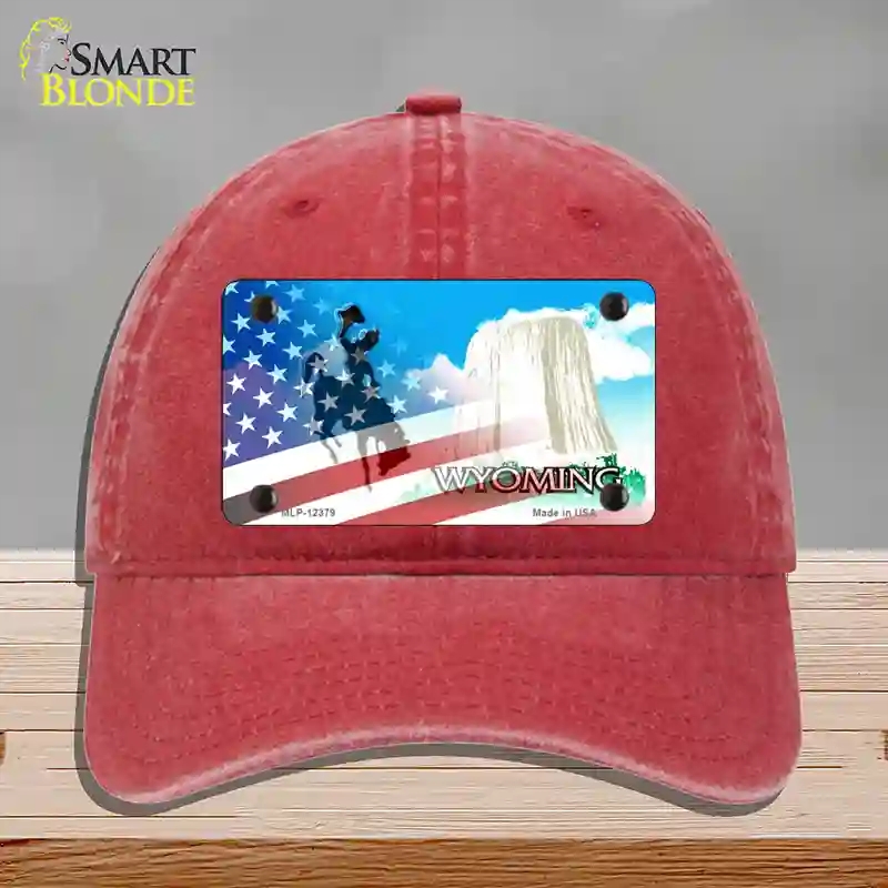 HAT13-MLP-12379 Wyoming with American Flag Novelty License Plate Hat, Unconstructed Cotton - Red