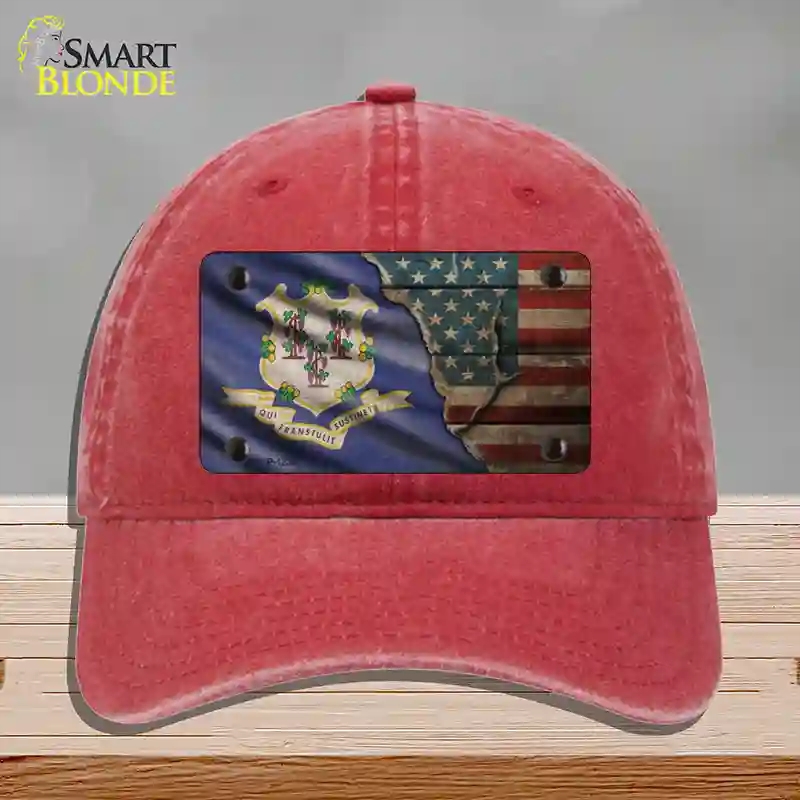 HAT13-MLP-12386 Connecticut & American Flag Novelty License Plate Hat, Unconstructed Cotton - Red
