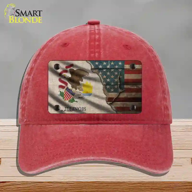 HAT13-MLP-12392 Illinois & American Flag Novelty License Plate Hat, Unconstructed Cotton - Red