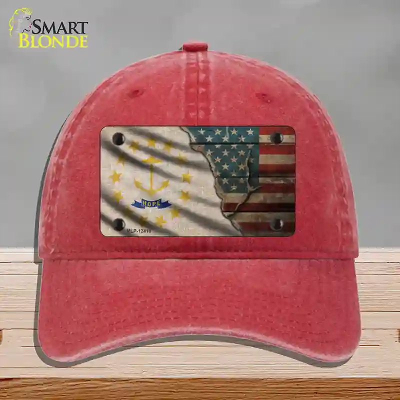 HAT13-MLP-12418 Rhode Island & American Flag Novelty License Plate Hat, Unconstructed Cotton - Red