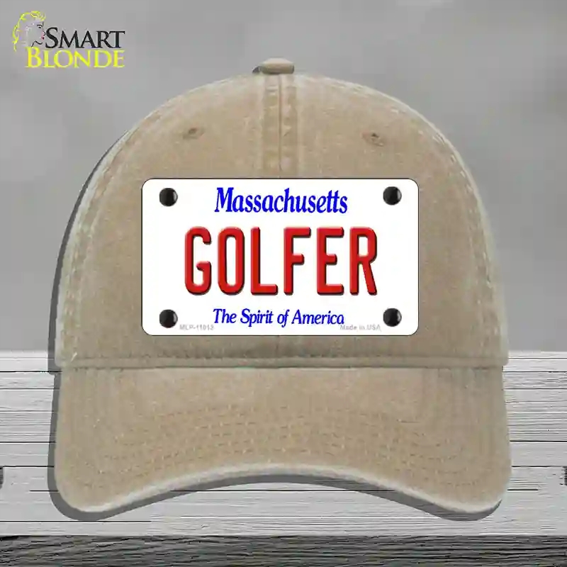 HAT09-MLP-11012 Golfer Massachusetts Novelty License Plate Hat, Unconstructed Cotton - Khaki