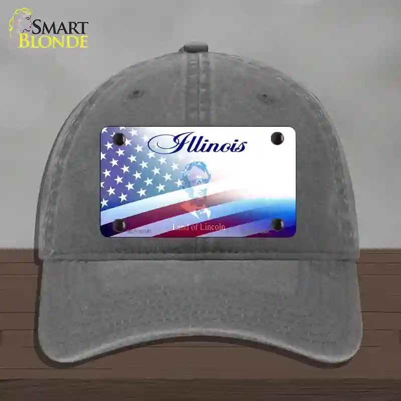 HAT08-MLP-12342 Illinois with American Flag Novelty License Plate Hat, Unconstructed Cotton - Charcoal