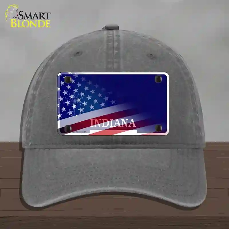 HAT08-MLP-12343 Indiana with American Flag Novelty License Plate Hat, Unconstructed Cotton - Charcoal