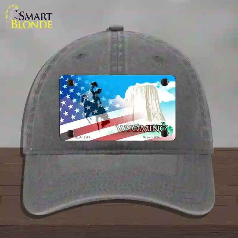 HAT08-MLP-12379 Wyoming with American Flag Novelty License Plate Hat, Unconstructed Cotton - Charcoal