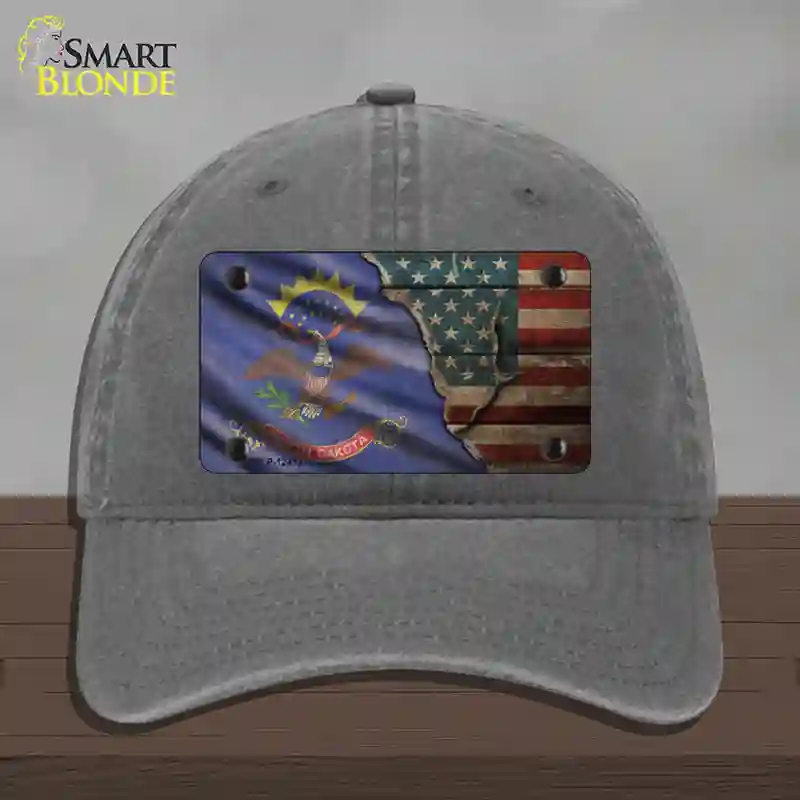 HAT08-MLP-12413 North Dakota & American Flag Novelty License Plate Hat, Unconstructed Cotton - Charcoal