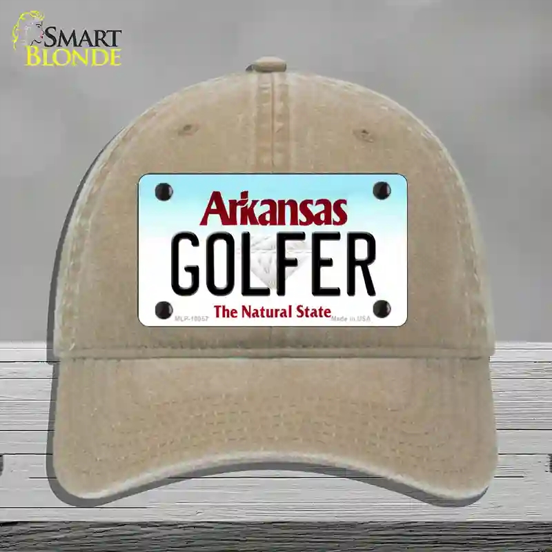 HAT09-MLP-10057 Golfer Arkansas Novelty License Plate Hat, Unconstructed Cotton - Khaki