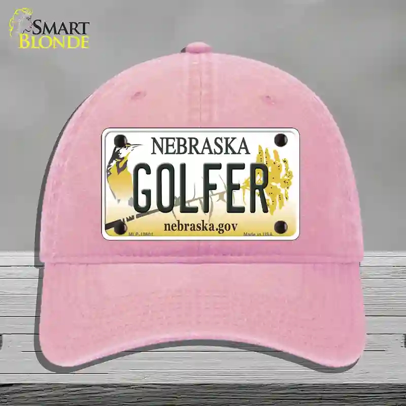 HAT12-MLP-10601 Golfer Nebraska Novelty License Plate Hat, Unconstructed Cotton - Pink