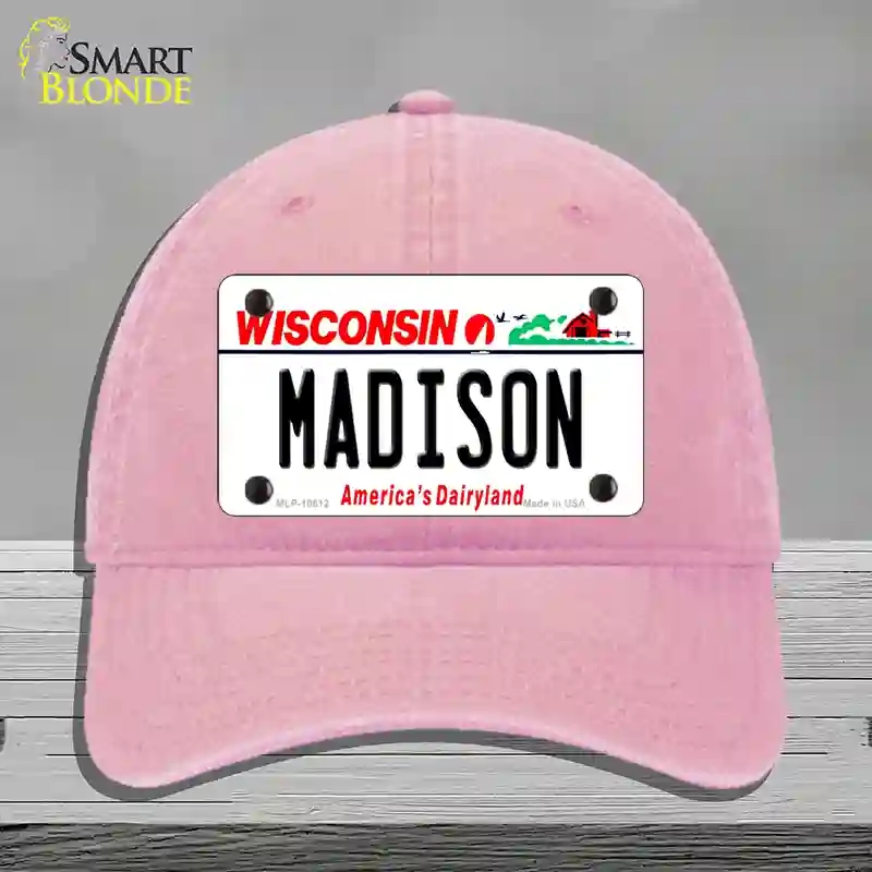 HAT12-MLP-10612 Madison Wisconsin Novelty License Plate Hat, Unconstructed Cotton - Pink