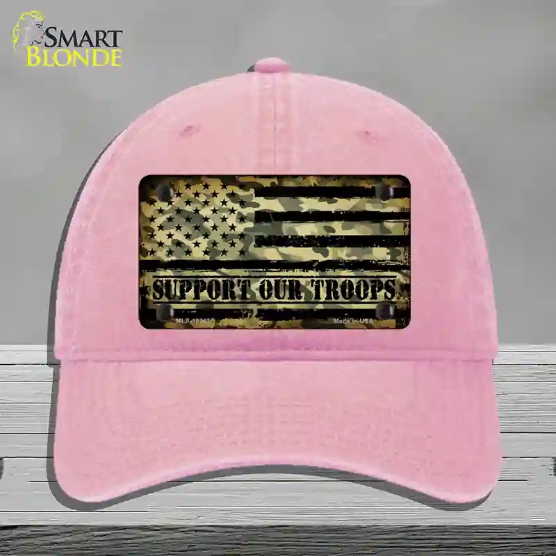 HAT12-MLP-10743 Camo American Flag Support Troops Novelty License Plate Hat, Unconstructed Cotton - Pink