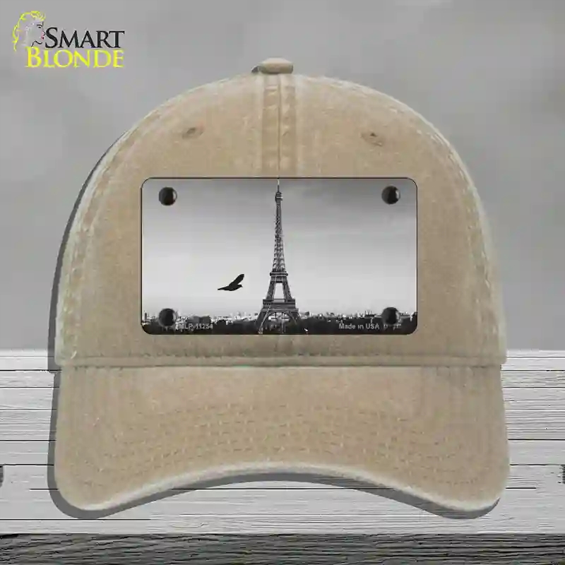 HAT09-MLP-11254 Eiffel Tower Black & White with Bird Novelty License Plate Hat, Unconstructed Cotton - Khaki