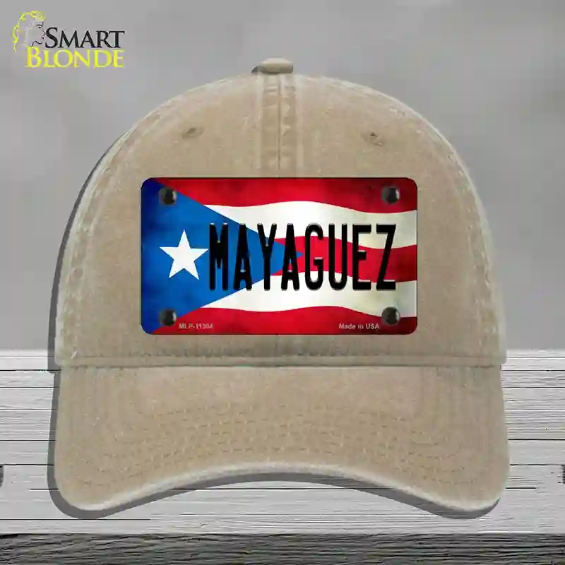 HAT09-MLP-11364 Mayaguez Puerto Rico Flag Novelty License Plate Hat, Unconstructed Cotton - Khaki