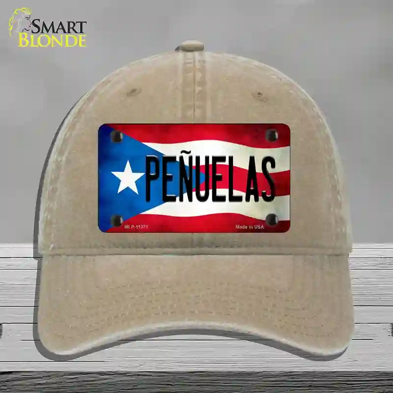 HAT09-MLP-11371 Penuelas Puerto Rico Flag Novelty License Plate Hat, Unconstructed Cotton - Khaki