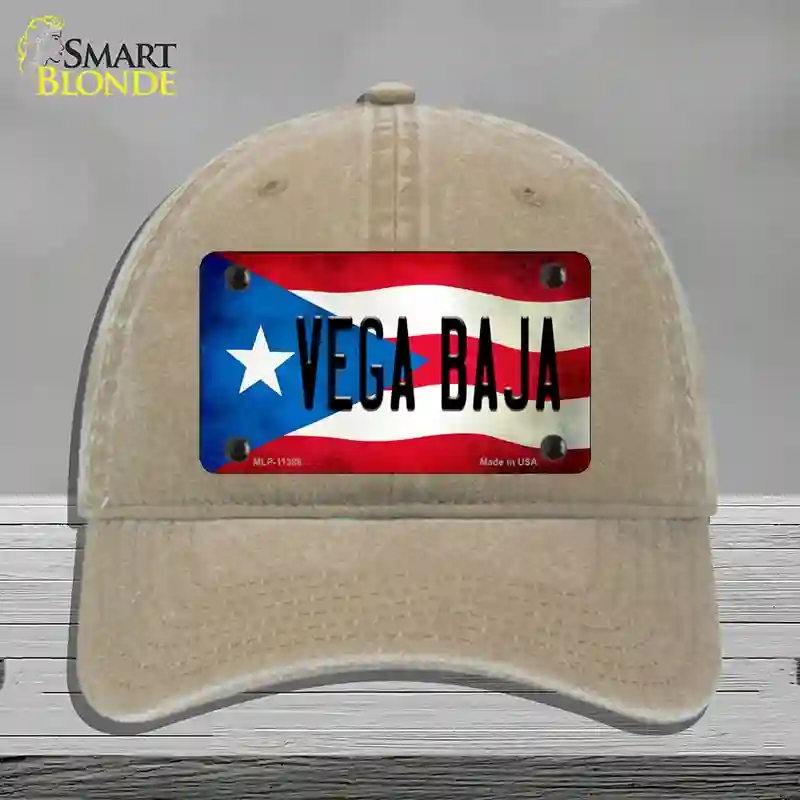 HAT09-MLP-11388 Vega Baja Puerto Rico Flag Novelty License Plate Hat, Unconstructed Cotton - Khaki