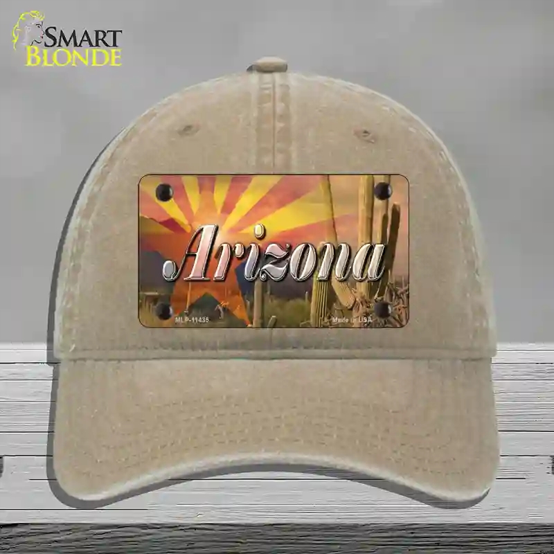 HAT09-MLP-11435 Arizona State Flag Overlay on Cactus Novelty License Plate Hat, Unconstructed Cotton - Khaki