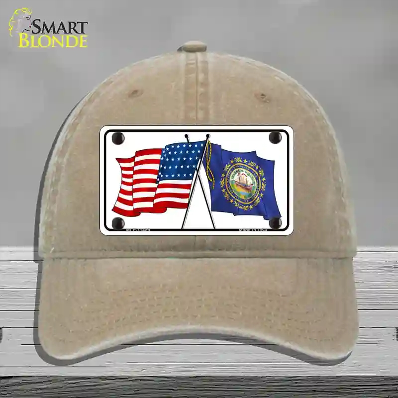 HAT09-MLP-11489   Hampshire Crossed US Flag Novelty License Plate Hat, Unconstructed Cotton - Khaki