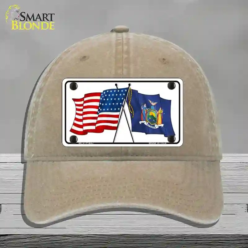 HAT09-MLP-11492   York Crossed US Flag Novelty License Plate Hat, Unconstructed Cotton - Khaki
