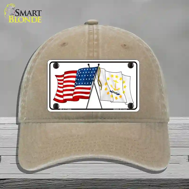 HAT09-MLP-11499 Rhode Island Crossed US Flag Novelty License Plate Hat, Unconstructed Cotton - Khaki