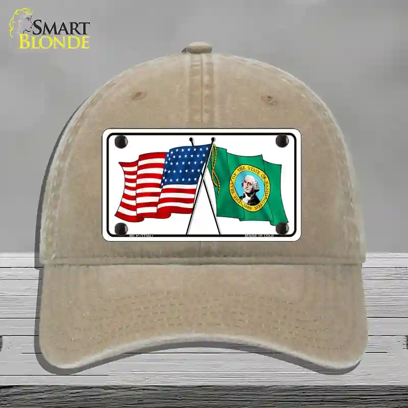 HAT09-MLP-11507 Washington Crossed US Flag Novelty License Plate Hat, Unconstructed Cotton - Khaki