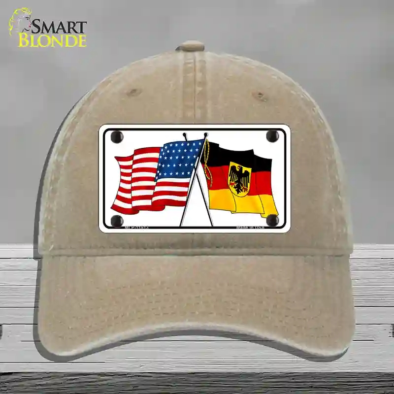 HAT09-MLP-11513 Germany Crossed US Flag Novelty License Plate Hat, Unconstructed Cotton - Khaki