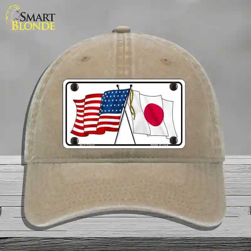 HAT09-MLP-11520 Japan Crossed US Flag Novelty License Plate Hat, Unconstructed Cotton - Khaki