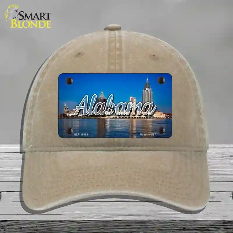 HAT09-MLP-11583 Alabama City Skyline State Novelty License Plate Hat, Unconstructed Cotton - Khaki